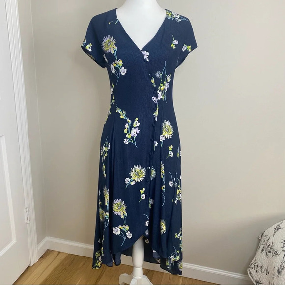 Free People Lost In You Navy Blue Midi  Floral Navy Button Short Sleeve … - Picture 4 of 13